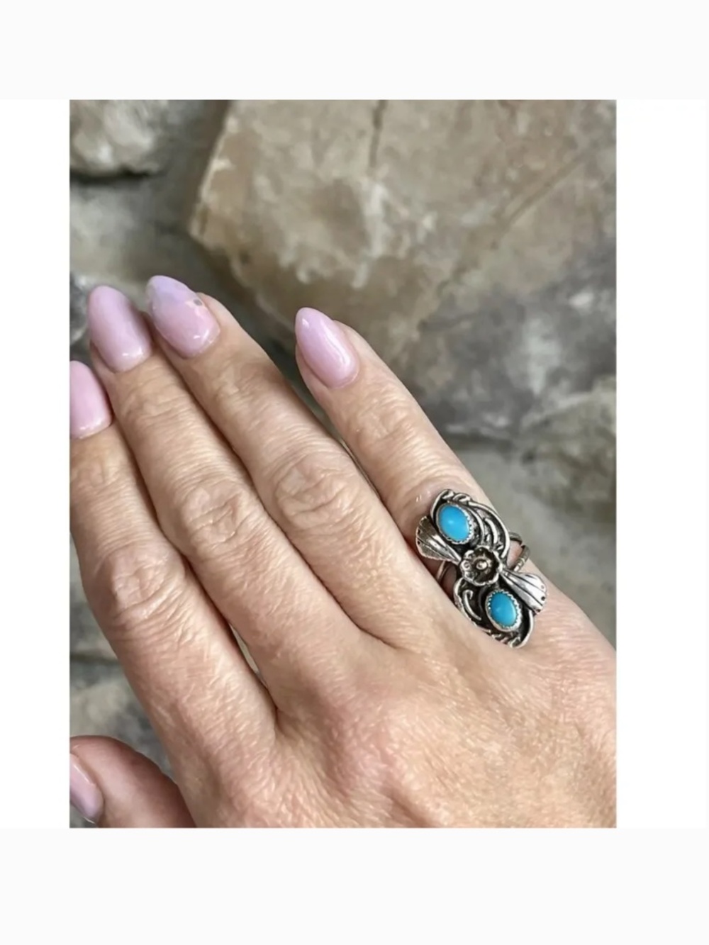 Navajo Sterling Silver Double Stone Turquoise Ring - Picture 8 of 8